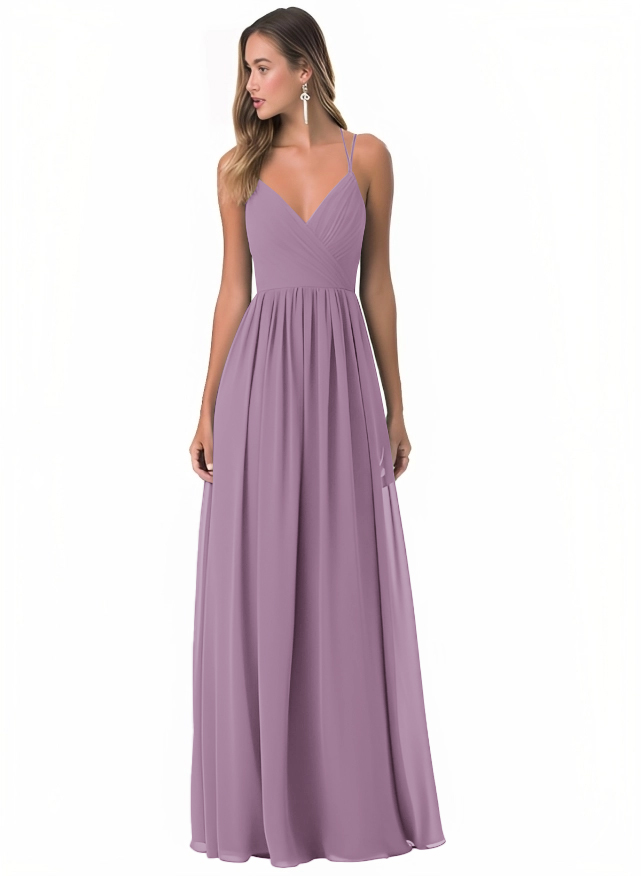 Robe de demoiselle d'honneur en mousseline de soie à col en V simple avec une ligne A