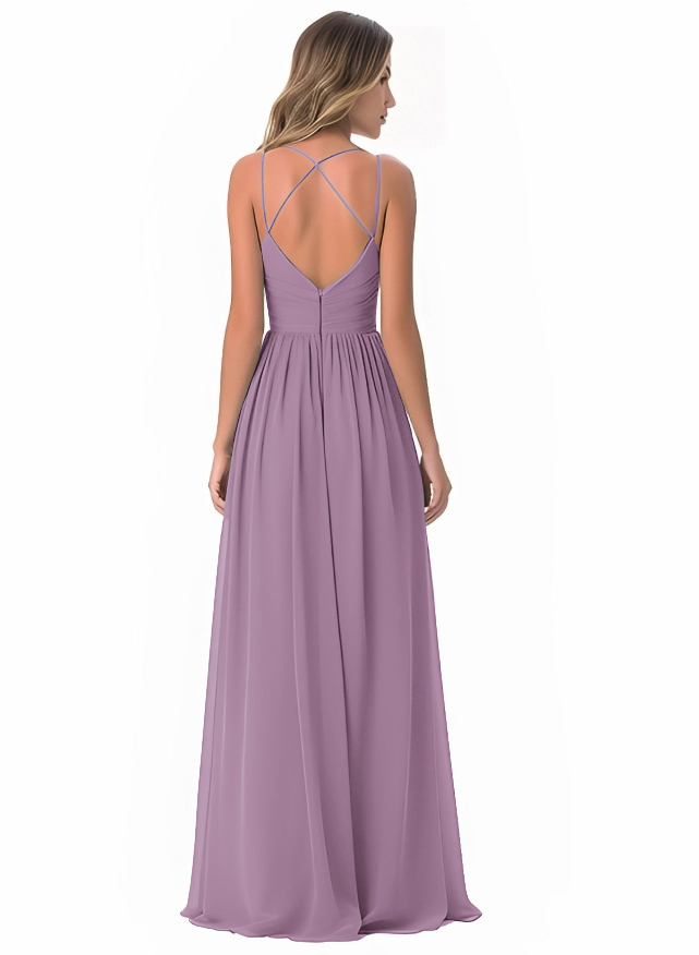 Robe de demoiselle d'honneur en mousseline de soie à col en V simple avec une ligne A