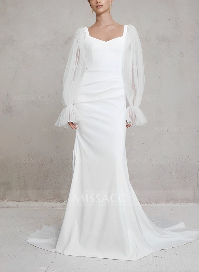 Simple Sheath Long Sleeves Wedding Dresses With Satin