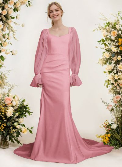 Sheath/Column V-Neck Long Sleeves Sweep Train Satin Bridesmaid Dresses