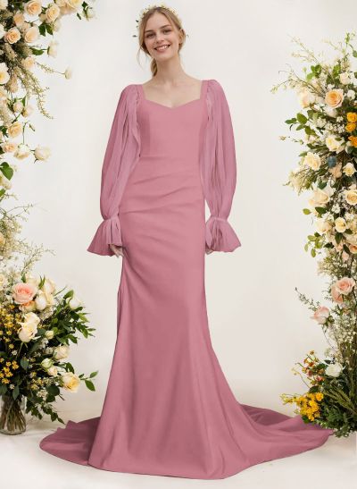 Sheath/Column V-Neck Long Sleeves Sweep Train Satin Bridesmaid Dresses