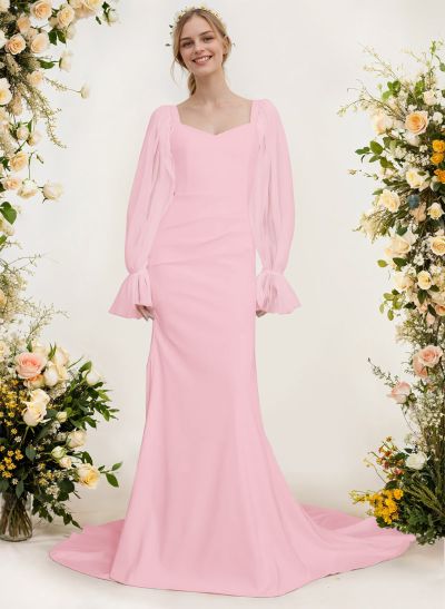 Sheath/Column V-Neck Long Sleeves Sweep Train Satin Bridesmaid Dresses