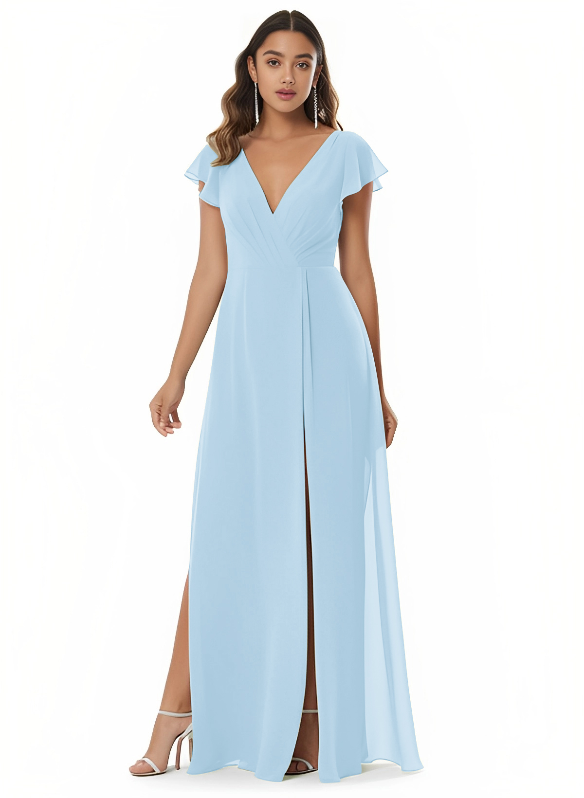 A-Line V-Neck Short sleeves Chiffon Floor-Length Bridesmaid Dress With Split Front