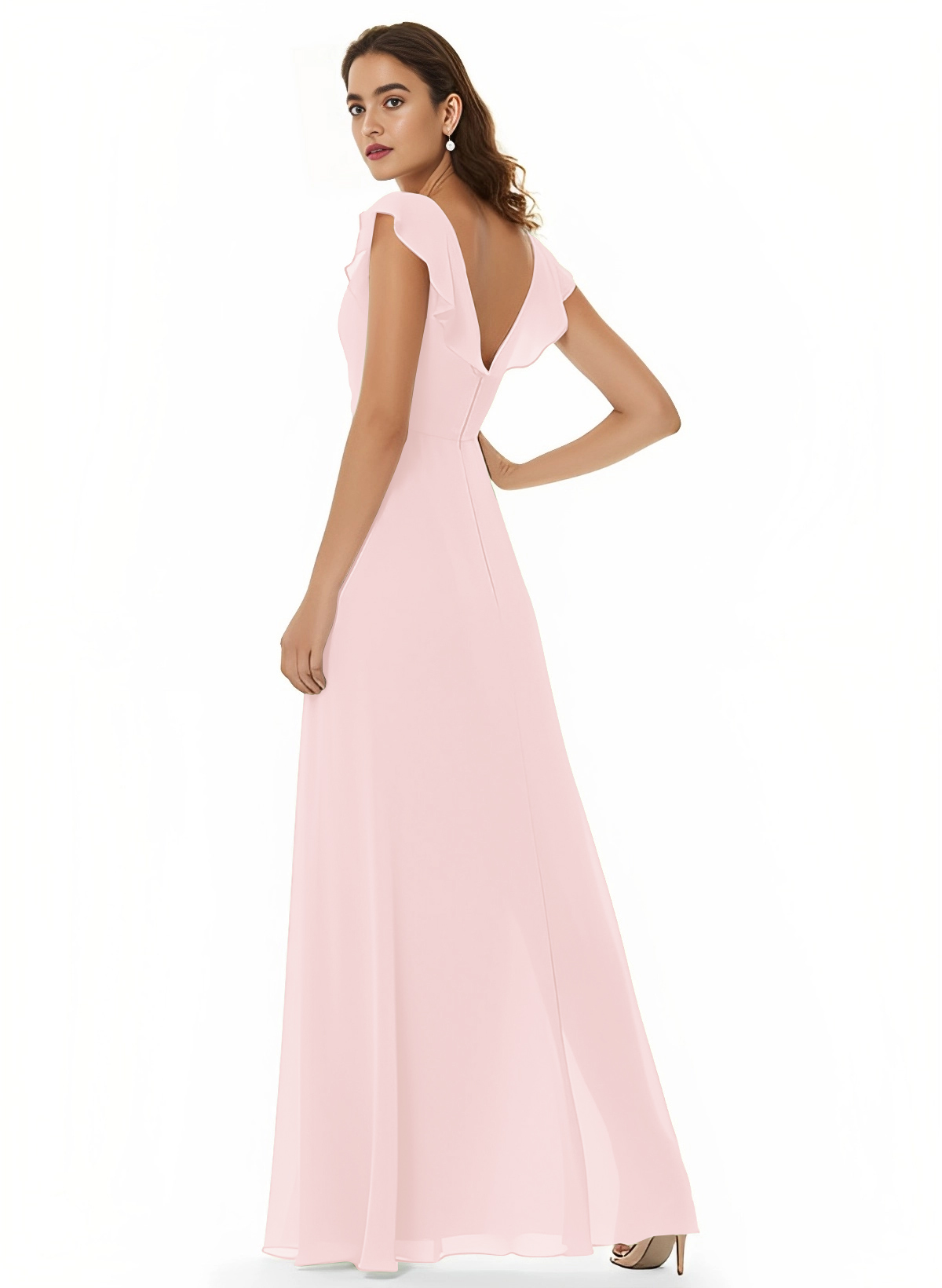 A-Line V-Neck Short sleeves Chiffon Floor-Length Bridesmaid Dress With Split Front