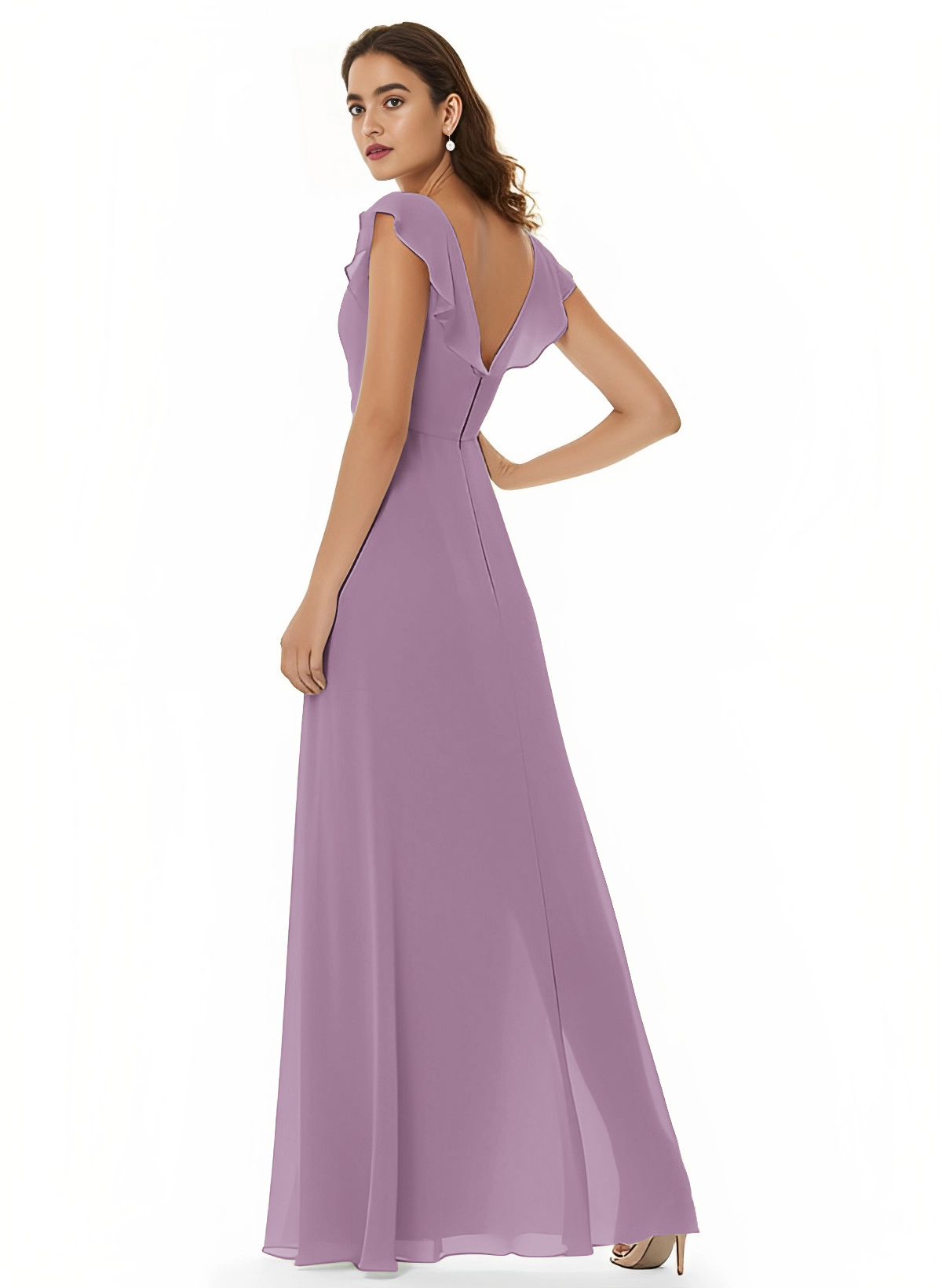 A-Line V-Neck Short sleeves Chiffon Floor-Length Bridesmaid Dress With Split Front