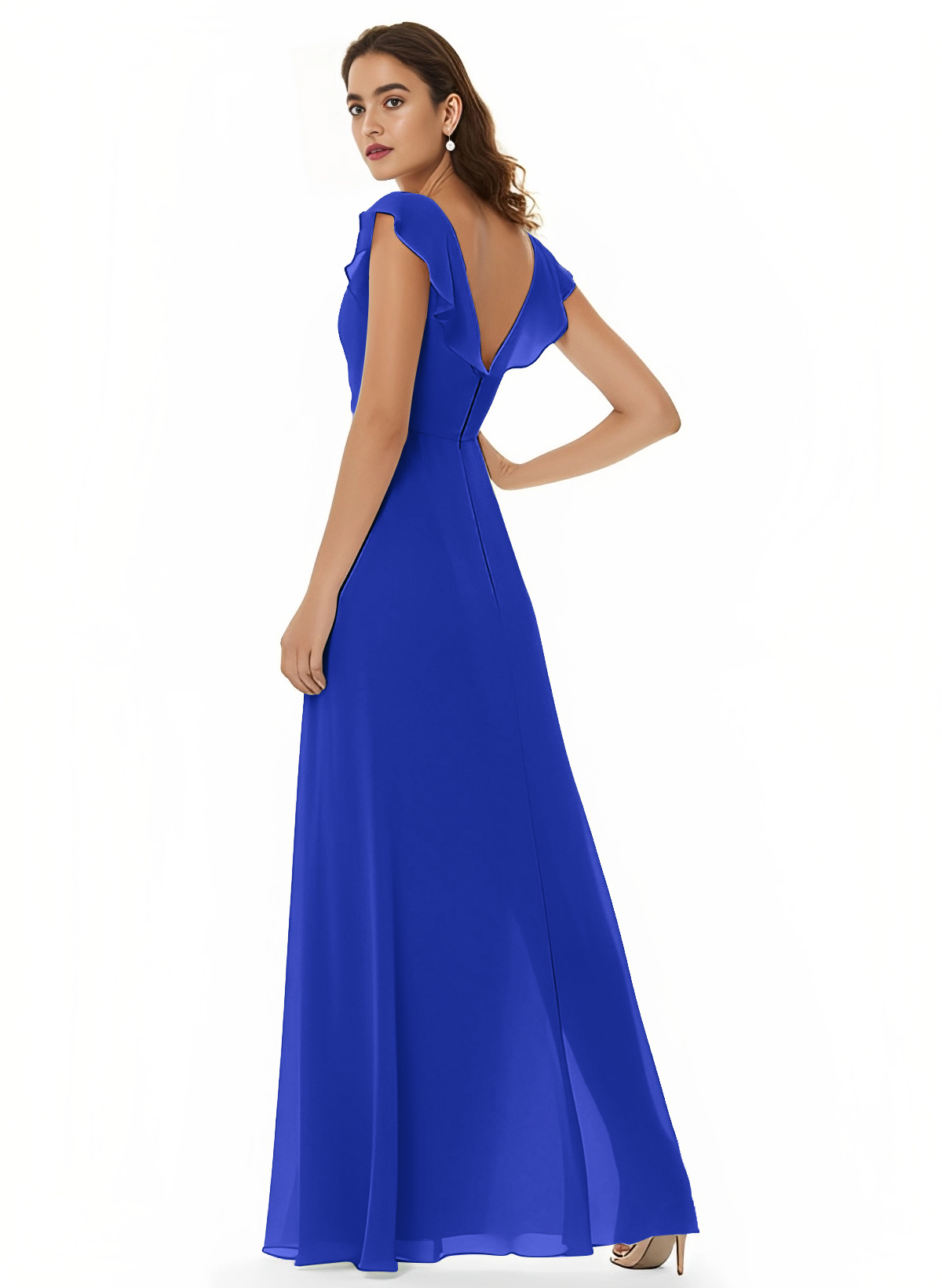 A-Line V-Neck Short sleeves Chiffon Floor-Length Bridesmaid Dress With Split Front