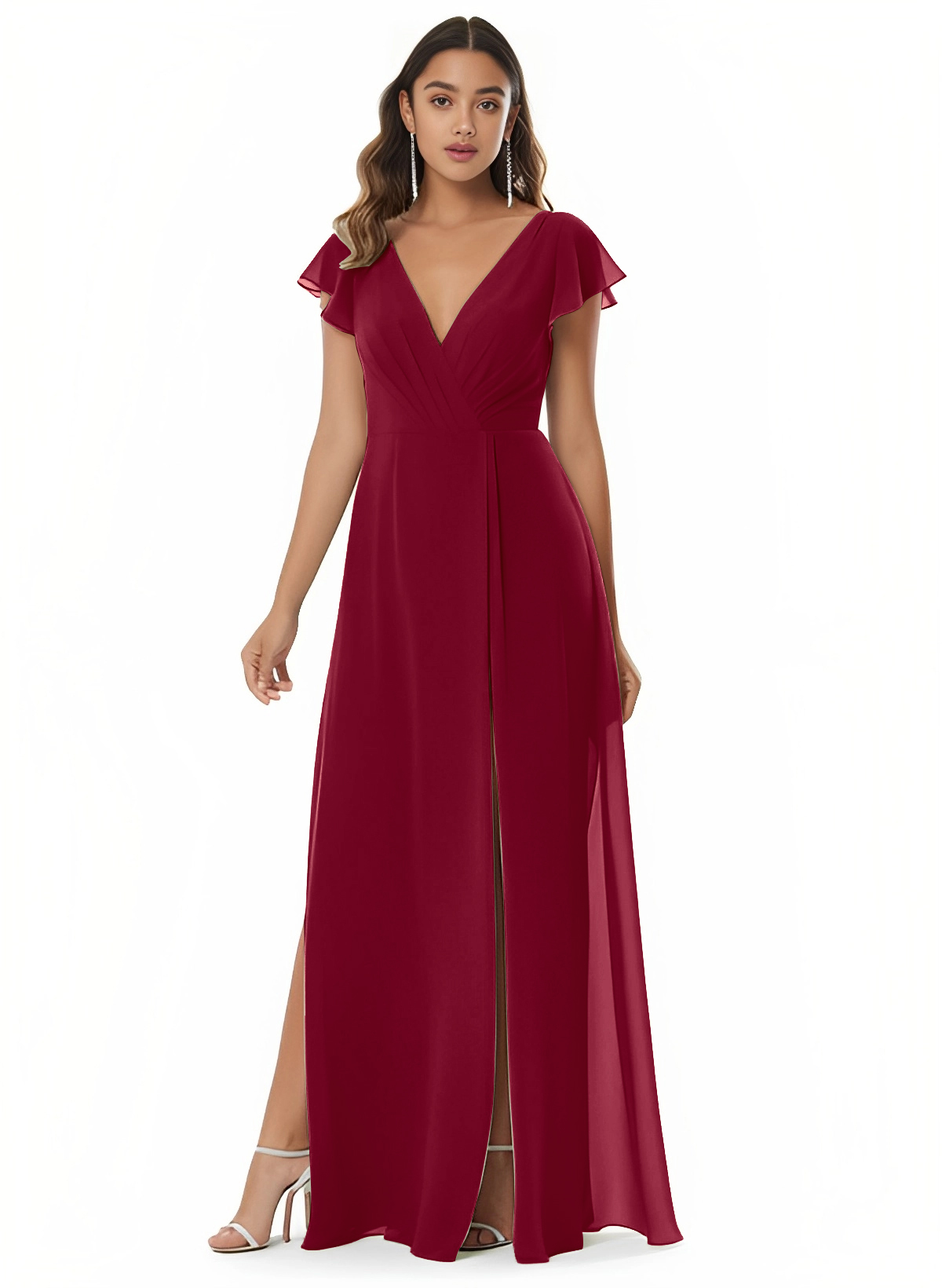 A-Line V-Neck Short sleeves Chiffon Floor-Length Bridesmaid Dress With Split Front