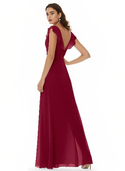 A-Line V-Neck Short Sleeves Chiffon Floor-Length Bridesmaid Dress With Split Front