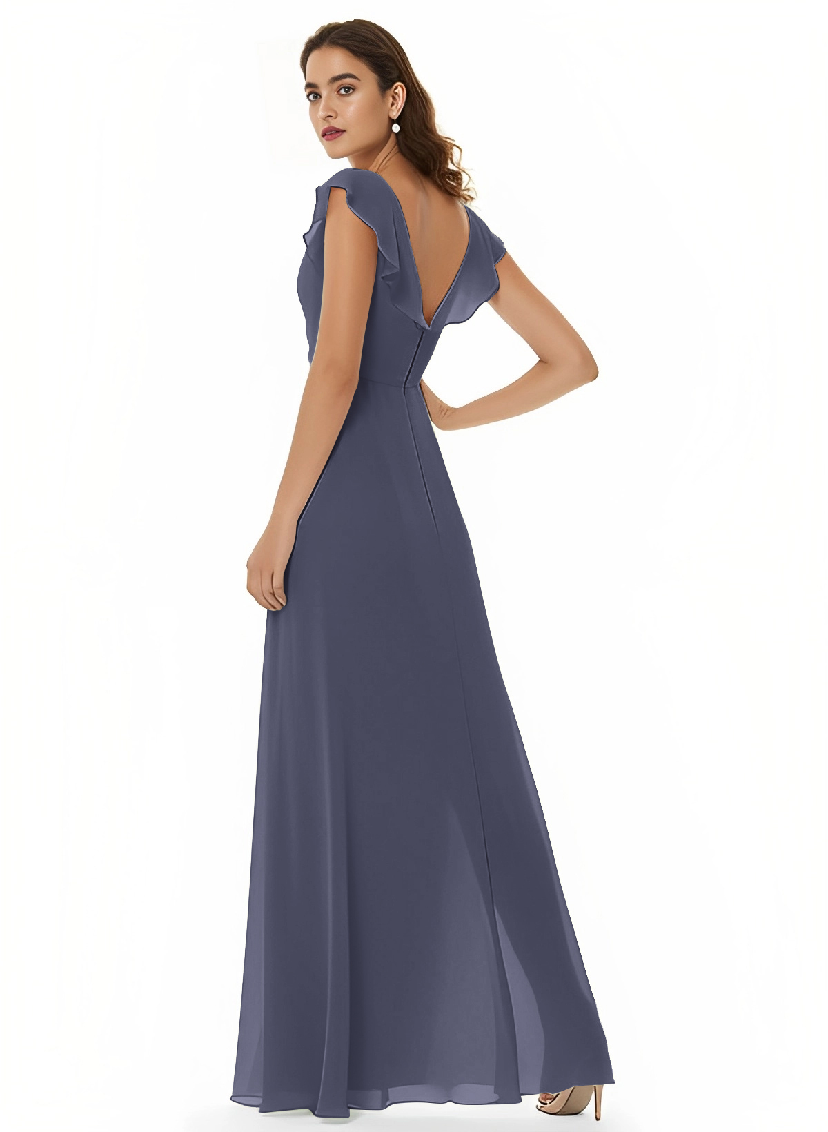 A-Line V-Neck Short sleeves Chiffon Floor-Length Bridesmaid Dress With Split Front