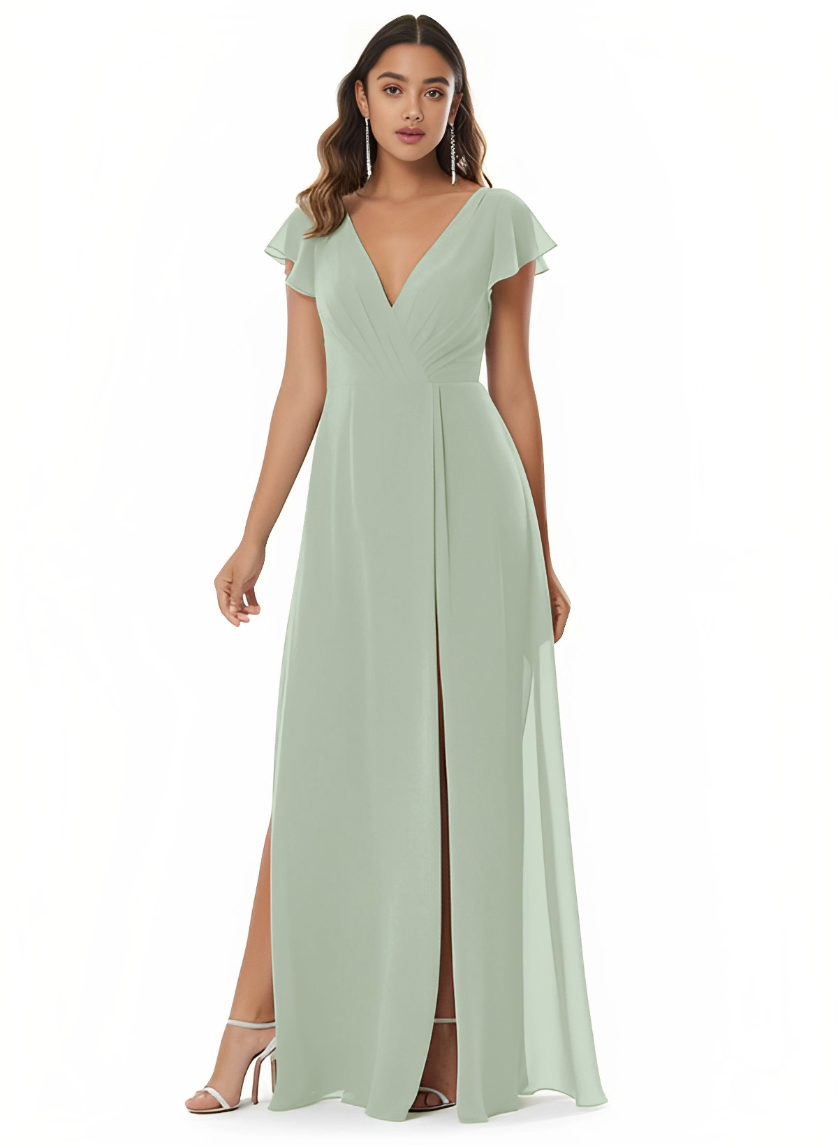 A-Line V-Neck Short sleeves Chiffon Floor-Length Bridesmaid Dress With Split Front