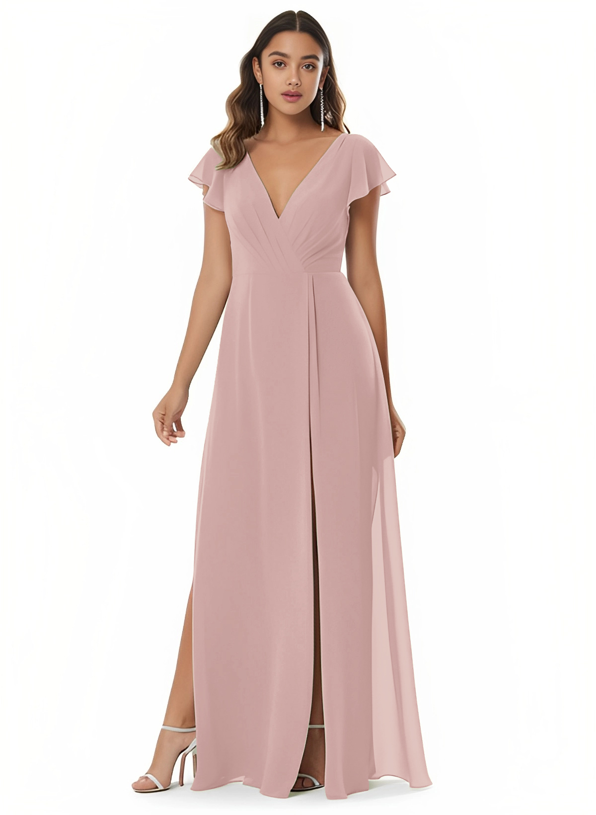 A-Line V-Neck Short sleeves Chiffon Floor-Length Bridesmaid Dress With Split Front