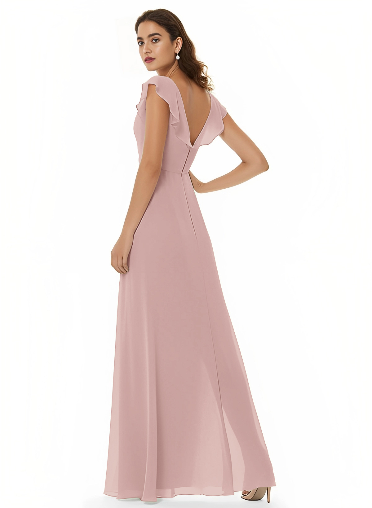 A-Line V-Neck Short sleeves Chiffon Floor-Length Bridesmaid Dress With Split Front