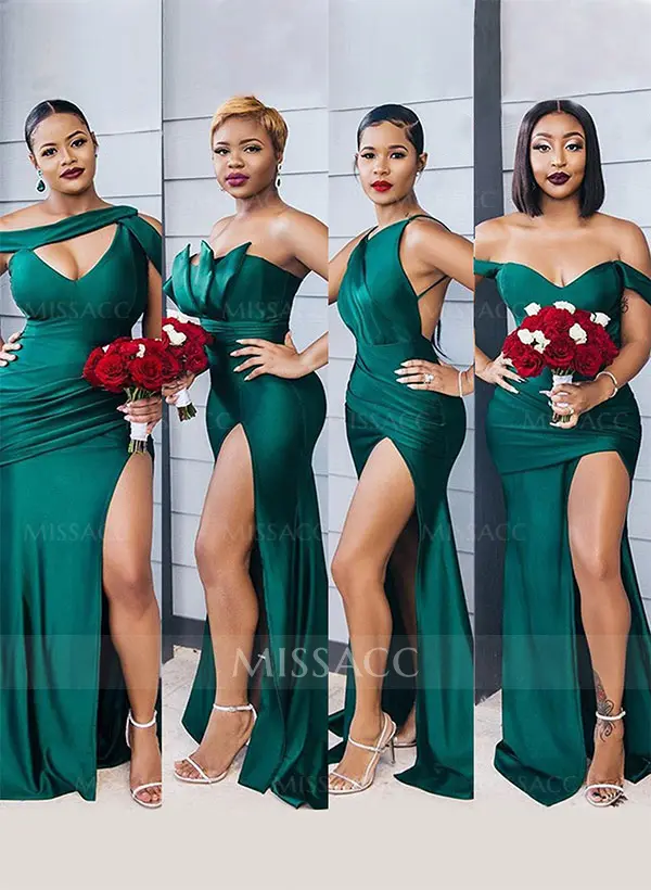 Mermaid Floor-Length Stretch Satin Bridesmaid Dress With Split Front #SBD10245 $95