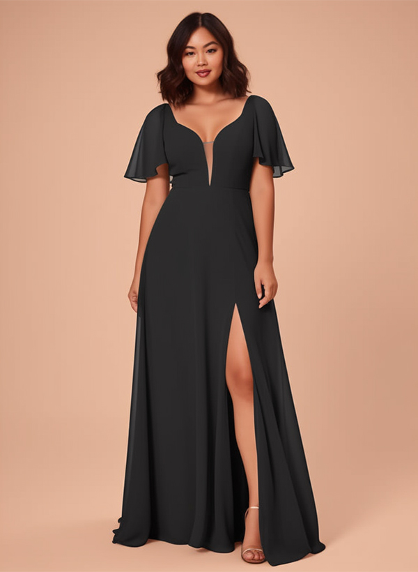 Kurze Ärmel V-Ausschnitt Brautjungfernkleid mit Chiffon