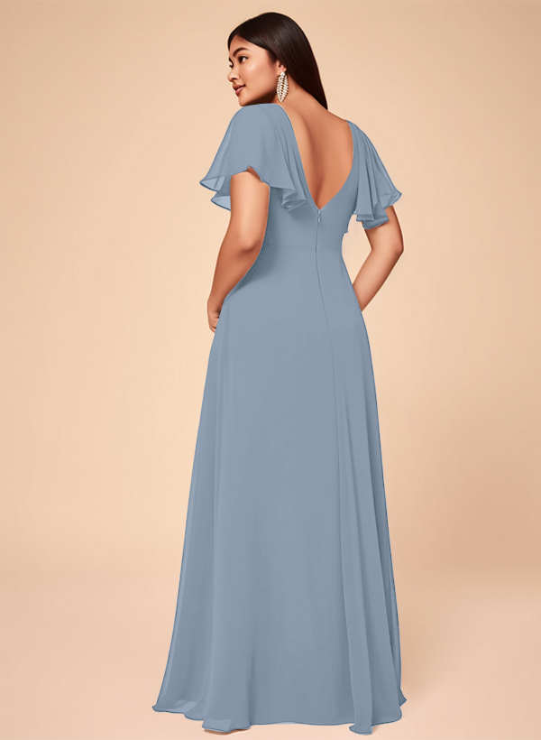 Short Sleeves V-neck Bridesmaid Dress With Chiffon 