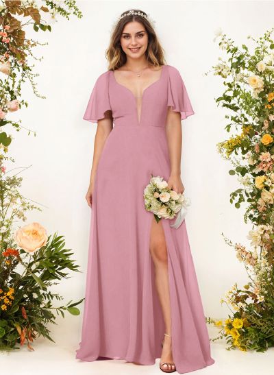 Short Sleeves V-Neck Bridesmaid Dress With Chiffon