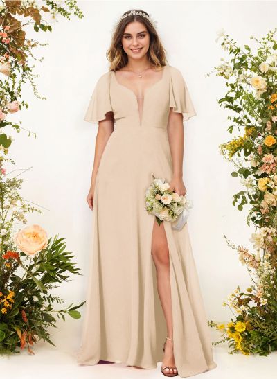 Short Sleeves V-Neck Bridesmaid Dress With Chiffon