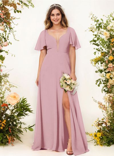 Short Sleeves V-Neck Bridesmaid Dress With Chiffon