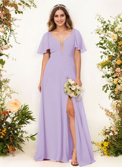 Short Sleeves V-Neck Bridesmaid Dress With Chiffon