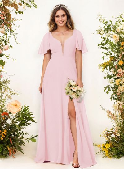 Short Sleeves V-Neck Bridesmaid Dress With Chiffon