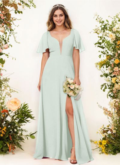 Short Sleeves V-Neck Bridesmaid Dress With Chiffon