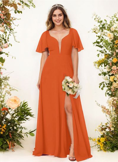 Short Sleeves V-Neck Bridesmaid Dress With Chiffon