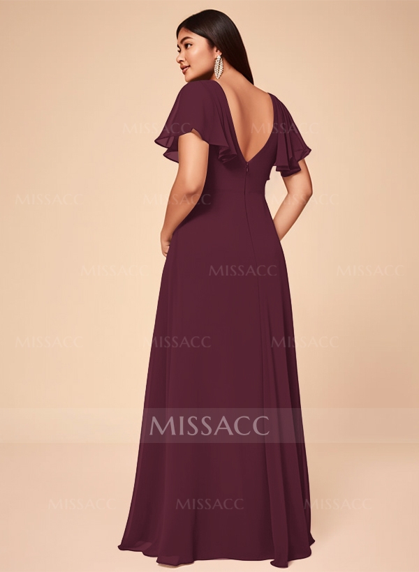 Short Sleeves V-Neck Bridesmaid Dress With Chiffon