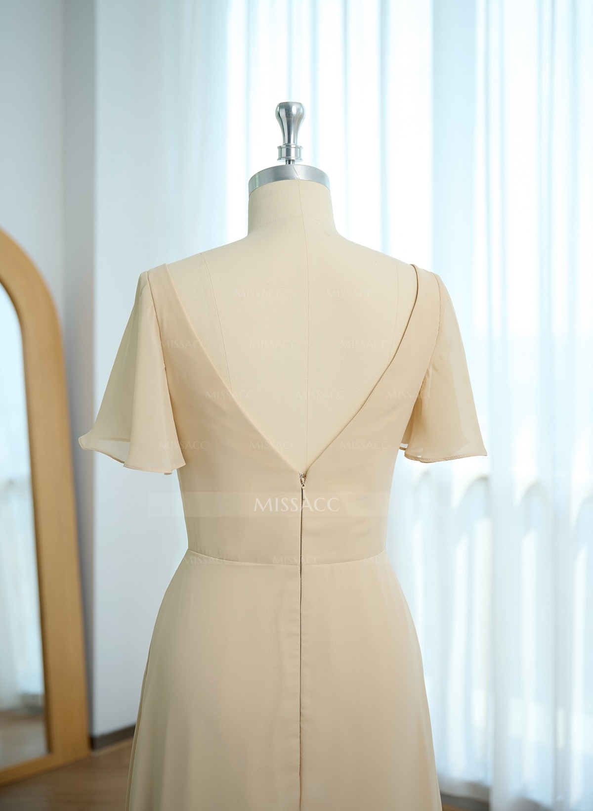 Short Sleeves V-Neck Bridesmaid Dress With Chiffon