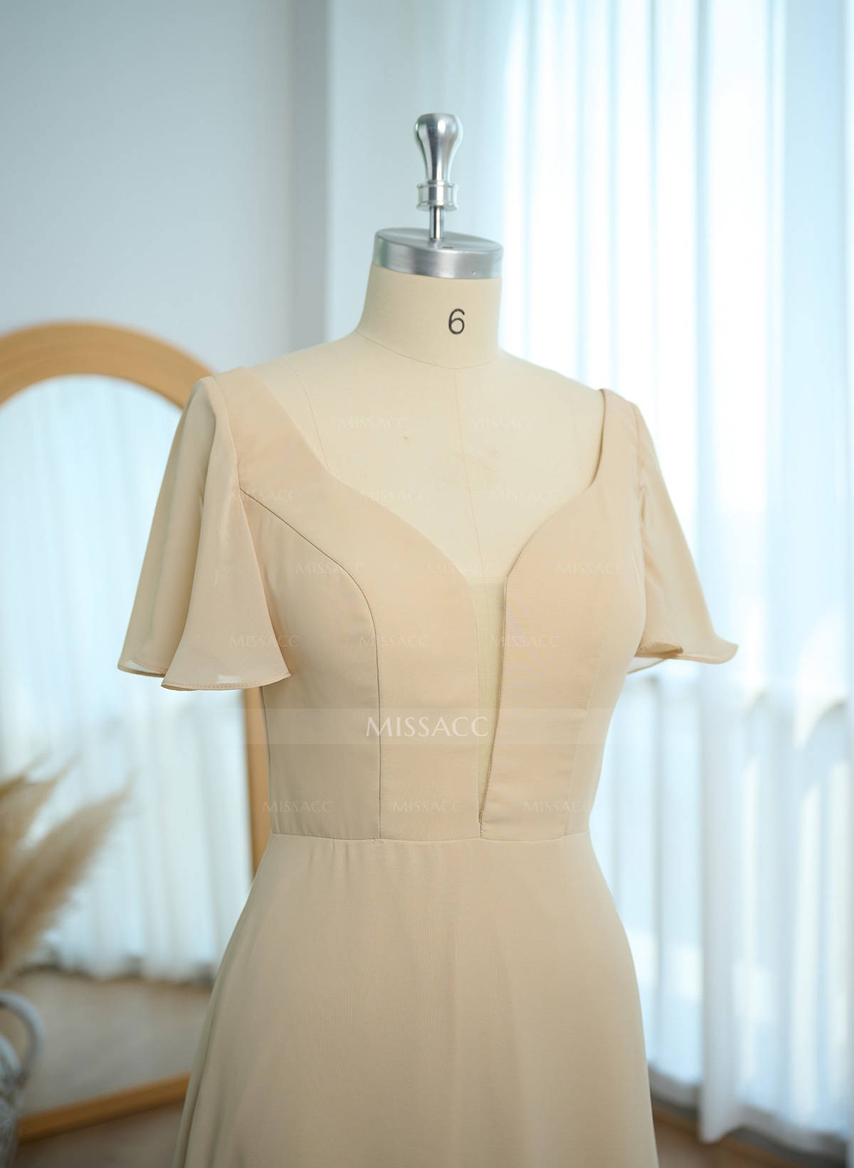 Short Sleeves V-Neck Bridesmaid Dress With Chiffon