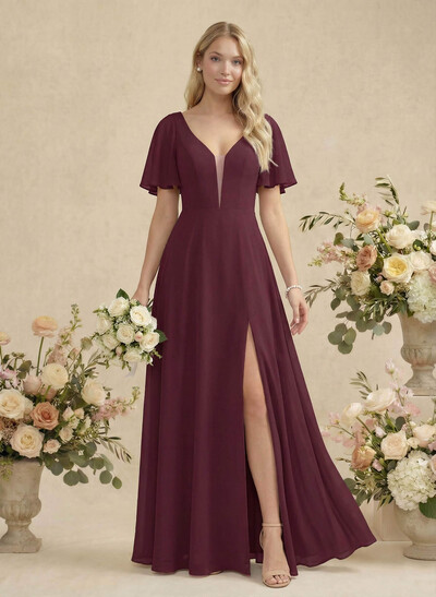 Short Sleeves V-Neck Bridesmaid Dress With Chiffon