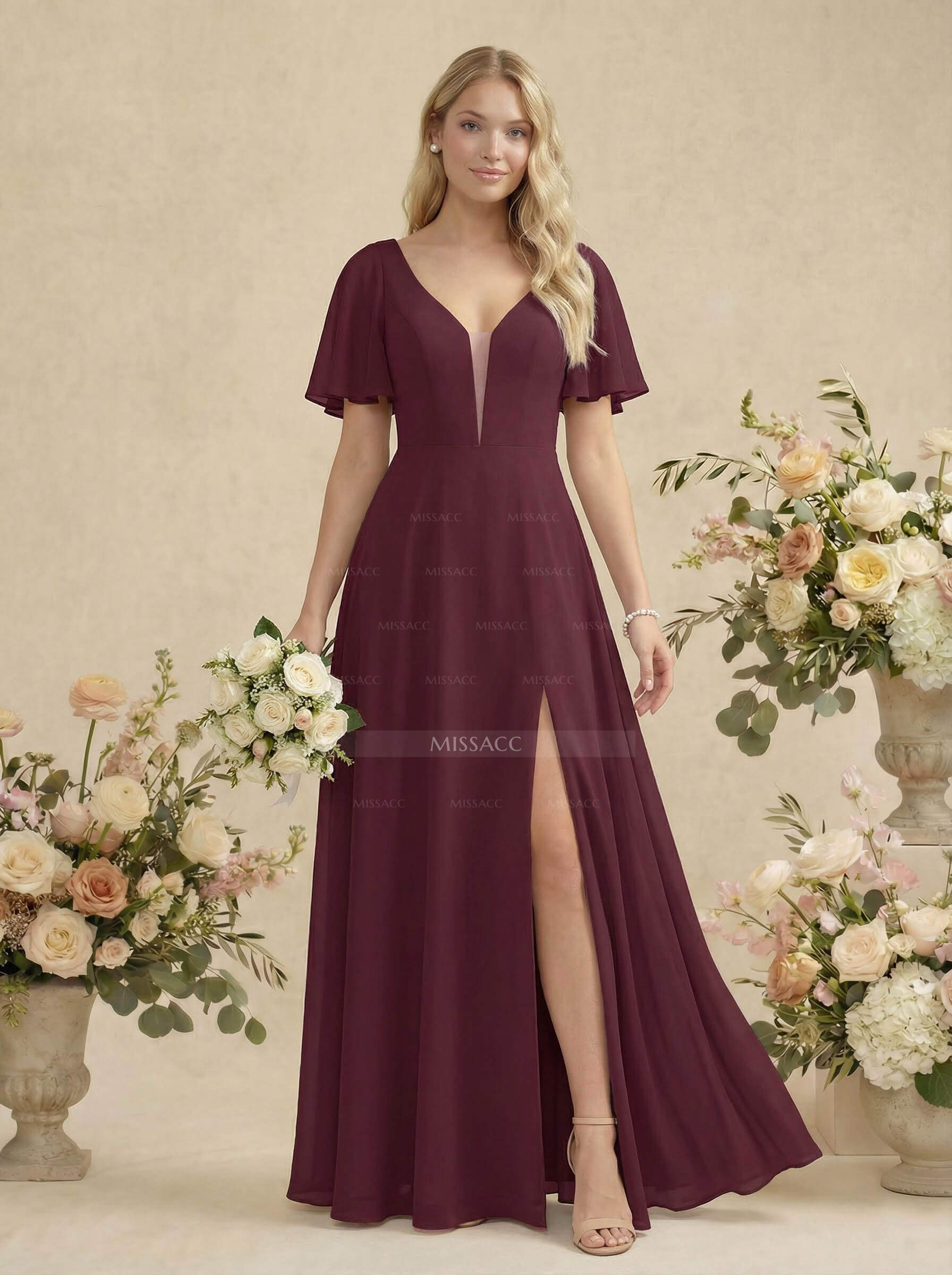 Short Sleeves V-Neck Bridesmaid Dress With Chiffon