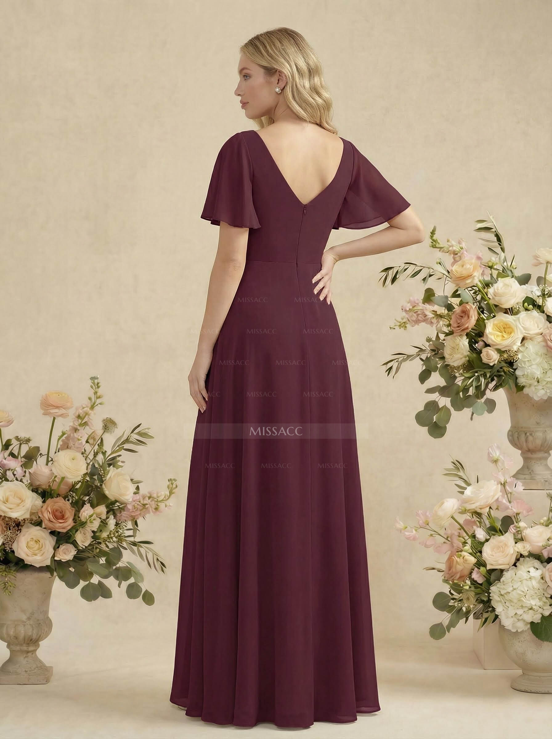 Short Sleeves V-Neck Bridesmaid Dress With Chiffon