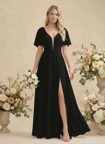 Short Sleeves V-Neck Bridesmaid Dress With Chiffon