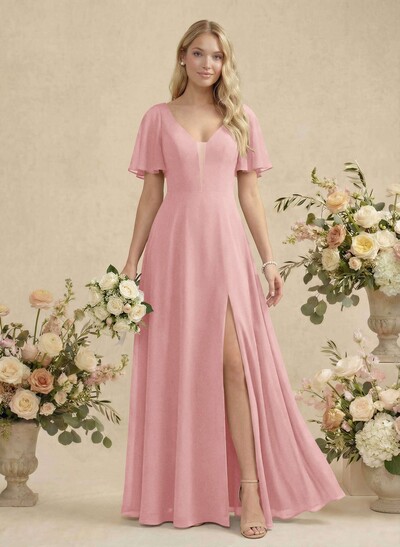Short Sleeves V-Neck Bridesmaid Dress With Chiffon