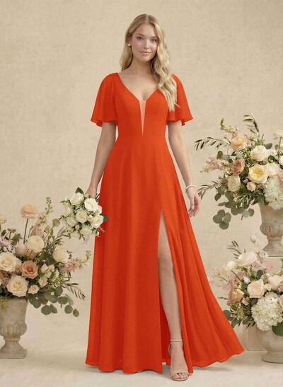Short Sleeves V-Neck Bridesmaid Dress With Chiffon