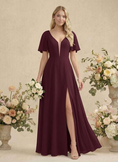 Short Sleeves V-Neck Bridesmaid Dress With Chiffon