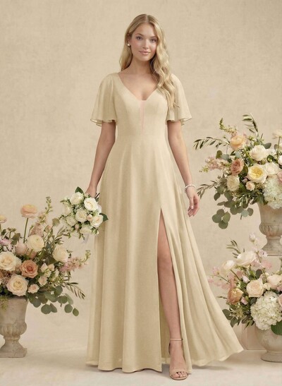 Short Sleeves V-Neck Bridesmaid Dress With Chiffon