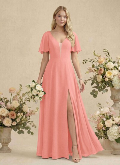 Short Sleeves V-Neck Bridesmaid Dress With Chiffon