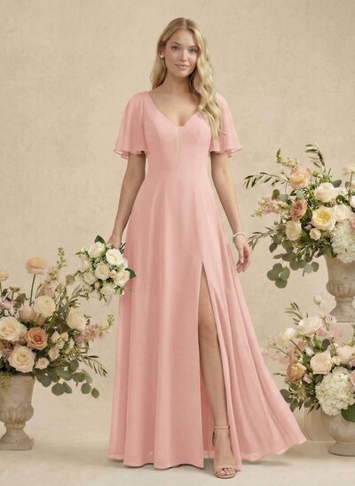 Short Sleeves V-Neck Bridesmaid Dress With Chiffon