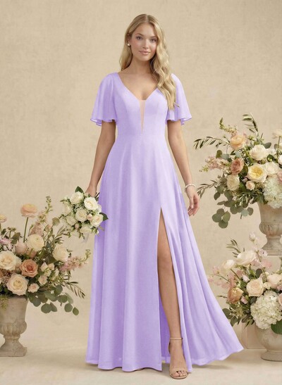 Short Sleeves V-Neck Bridesmaid Dress With Chiffon