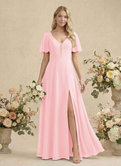 Short Sleeves V-Neck Bridesmaid Dress With Chiffon