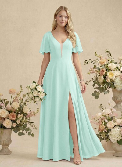 Short Sleeves V-Neck Bridesmaid Dress With Chiffon