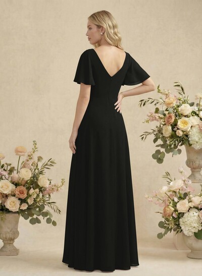 Short Sleeves V-Neck Bridesmaid Dress With Chiffon