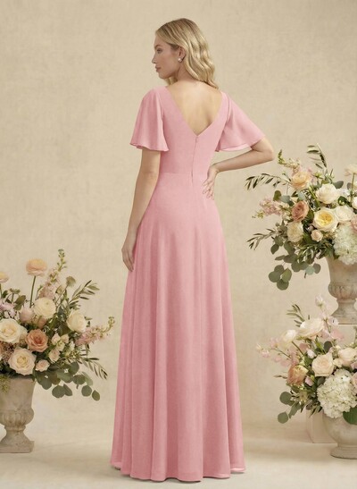 Short Sleeves V-Neck Bridesmaid Dress With Chiffon