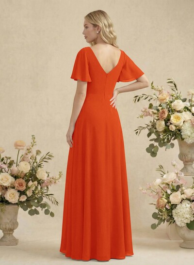 Short Sleeves V-Neck Bridesmaid Dress With Chiffon