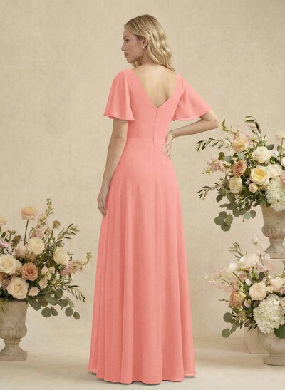 Short Sleeves V-Neck Bridesmaid Dress With Chiffon