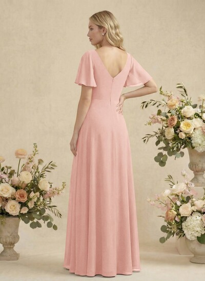 Short Sleeves V-Neck Bridesmaid Dress With Chiffon