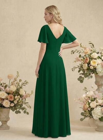 Short Sleeves V-Neck Bridesmaid Dress With Chiffon