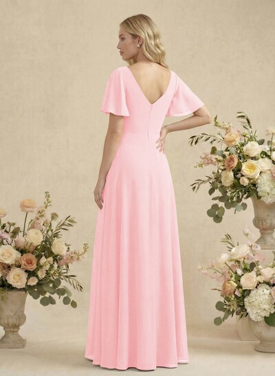 Short Sleeves V-Neck Bridesmaid Dress With Chiffon