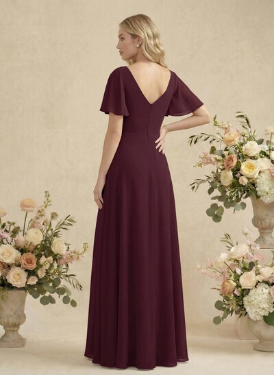 Short Sleeves V-Neck Bridesmaid Dress With Chiffon